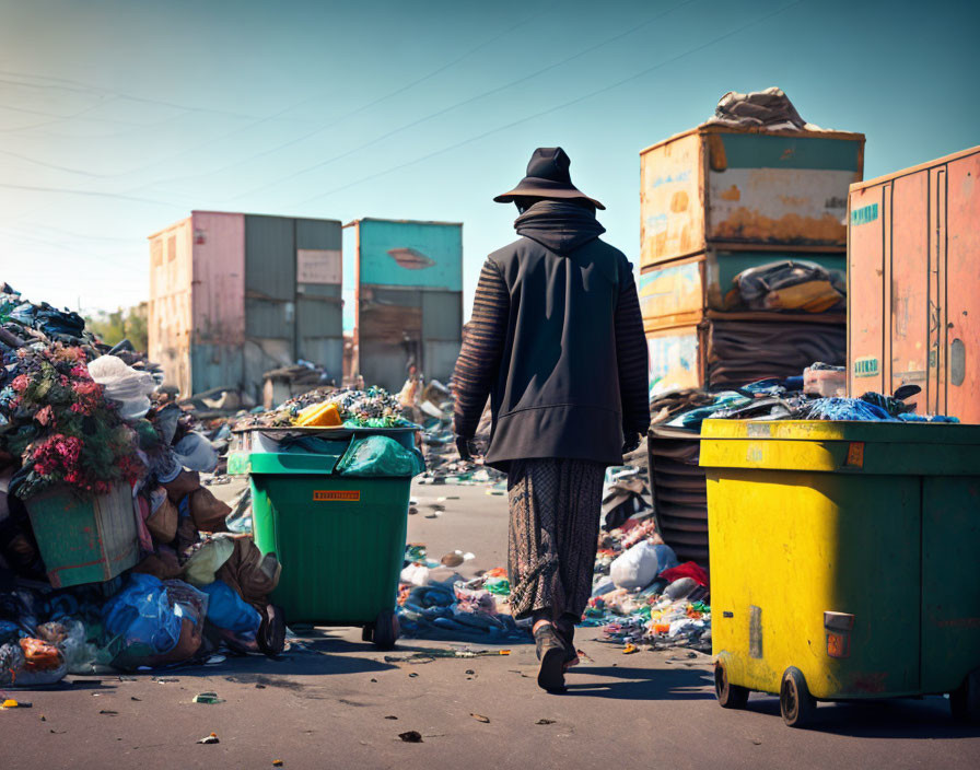 Colorful Garbage Bins Overflowing with Waste and Clear Blue Skies