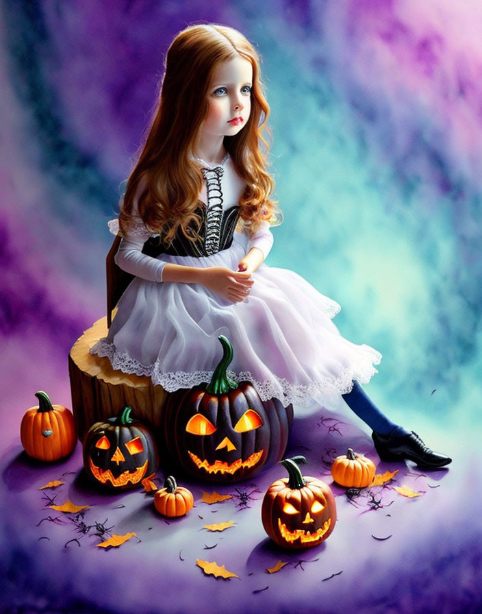 Red-haired doll in black and white dress on tree stump with jack-o'-lanterns and purple