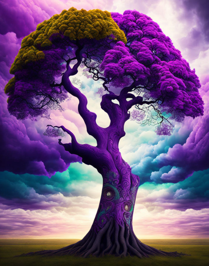 Vibrant surreal tree with purple trunk and branches against dreamy sky