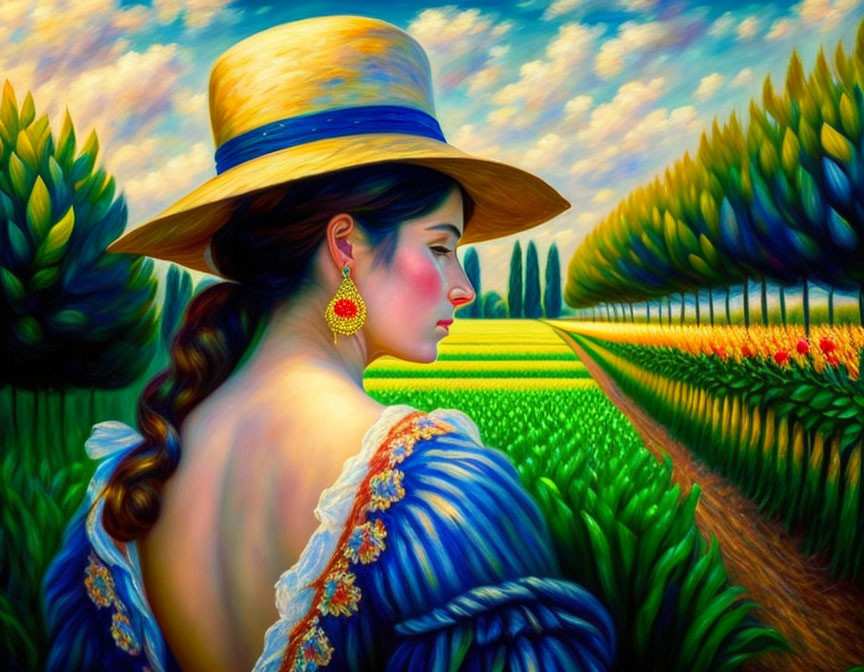 Woman in broad-brimmed hat and blue dress in vibrant tulip field.