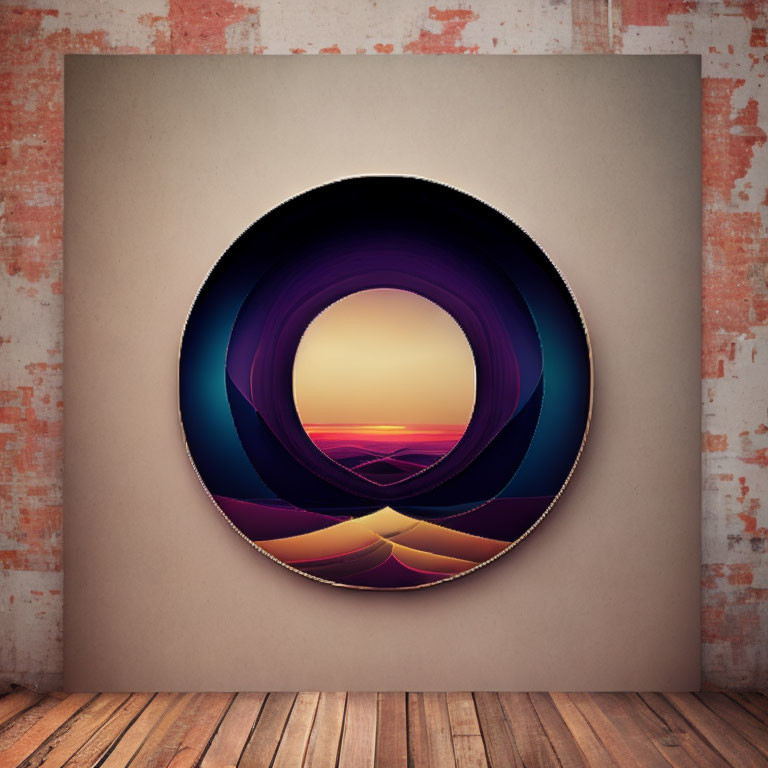 Circular Purple and Orange Abstract Artwork on Rustic Wall and Wooden Floor