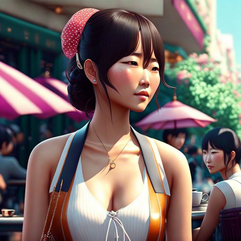 Digital artwork of woman in polka-dot headband and white top in busy street setting.