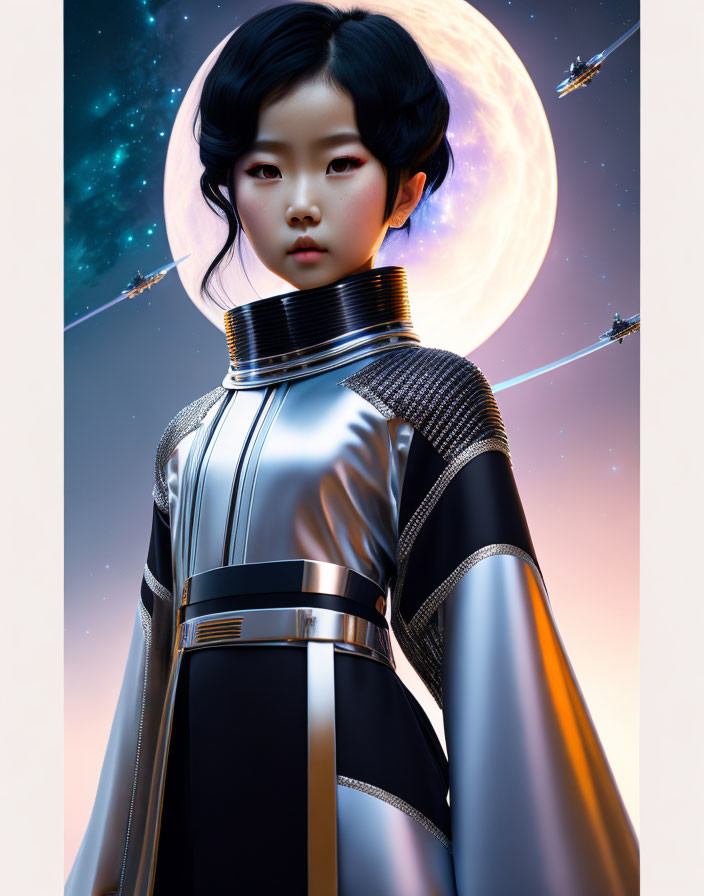 Futuristic portrait featuring person in stylized spacesuit with moon and stars.