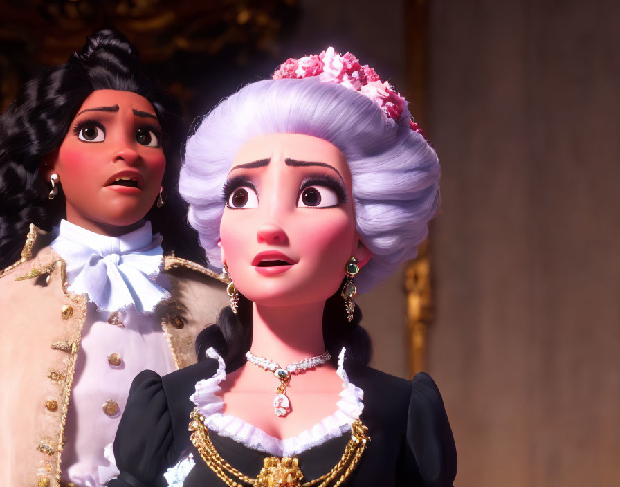 Two animated female characters with surprised expressions: one with dark hair in a white outfit, the other with