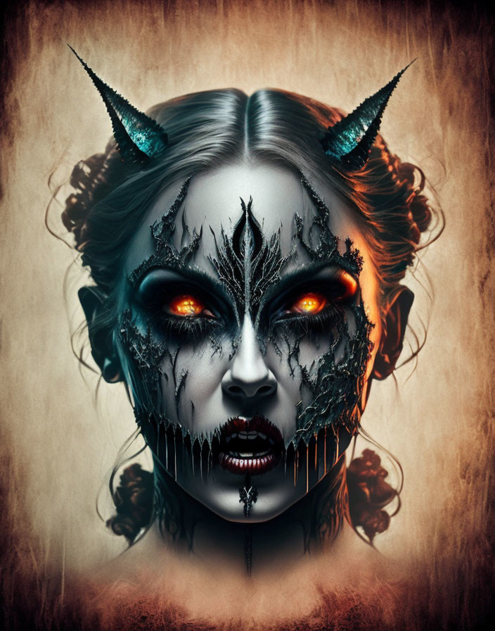 Fantasy portrait of woman with horn-like structures and fierce orange eyes