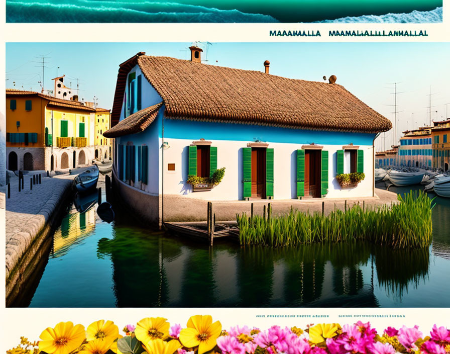 Vibrant waterfront house with green shutters and boats in calm waters