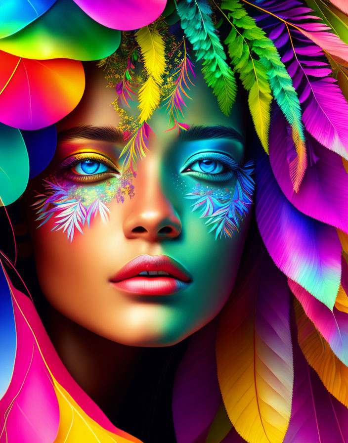 Colorful digital portrait of a woman with blue eyes and artistic makeup, surrounded by feathers and leaves.