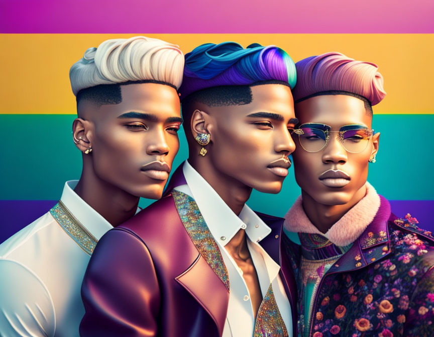 Stylized men in trendy attire against rainbow backdrop