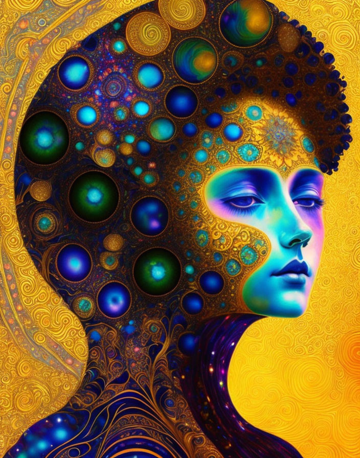 Digital artwork of female figure with blue skin and golden peacock feather-like designs