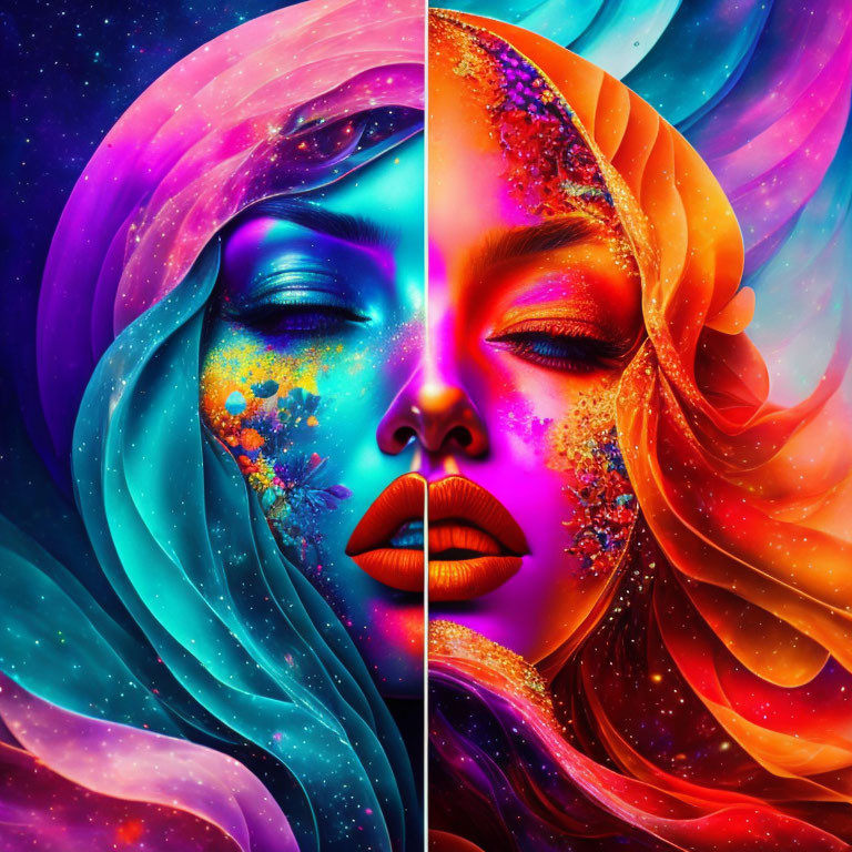 Symmetrical cosmic and floral themed digital art with bright colors