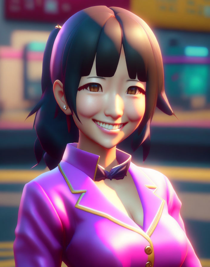 Smiling female character with short black hair in purple jacket