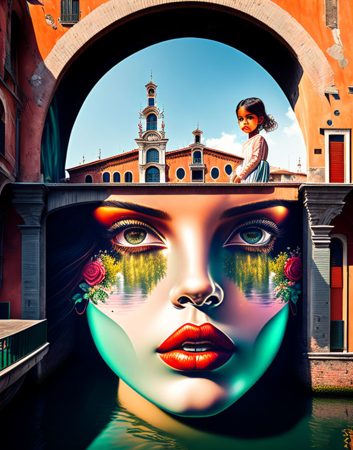 Child on Venetian Bridge Over Colorful Face Mural