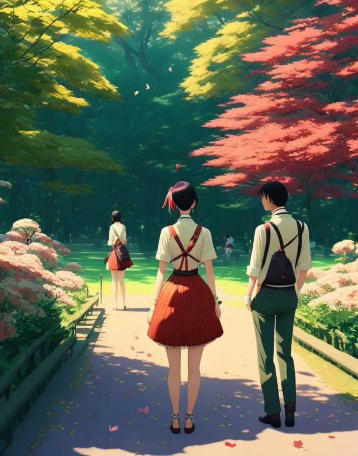 School uniform-clad trio strolling in a serene autumn park