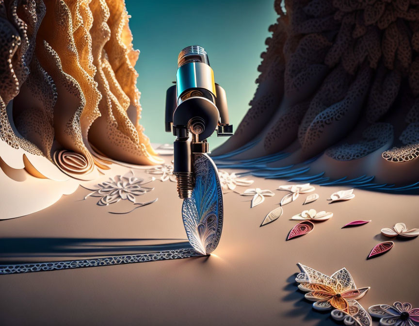 Stylized microscope on patterned surface with intricate paper art and beige backdrop