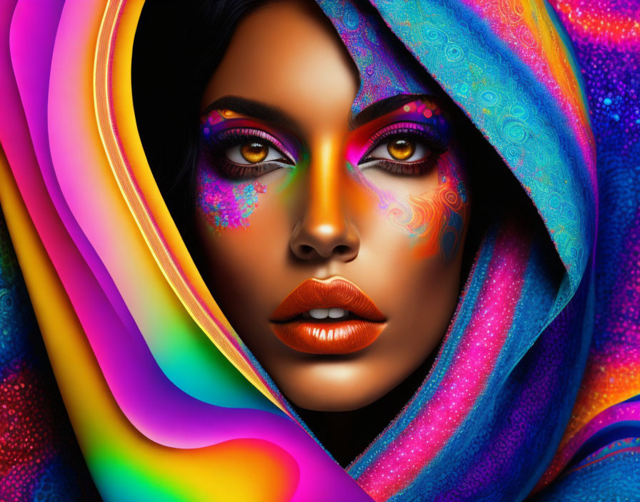 Vibrant digital artwork of a woman with colorful makeup and headscarf