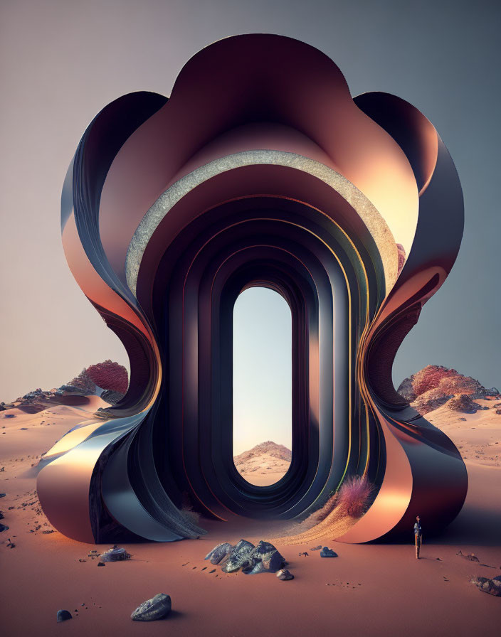 Surreal desert landscape with loop-shaped sculpture and solitary figure