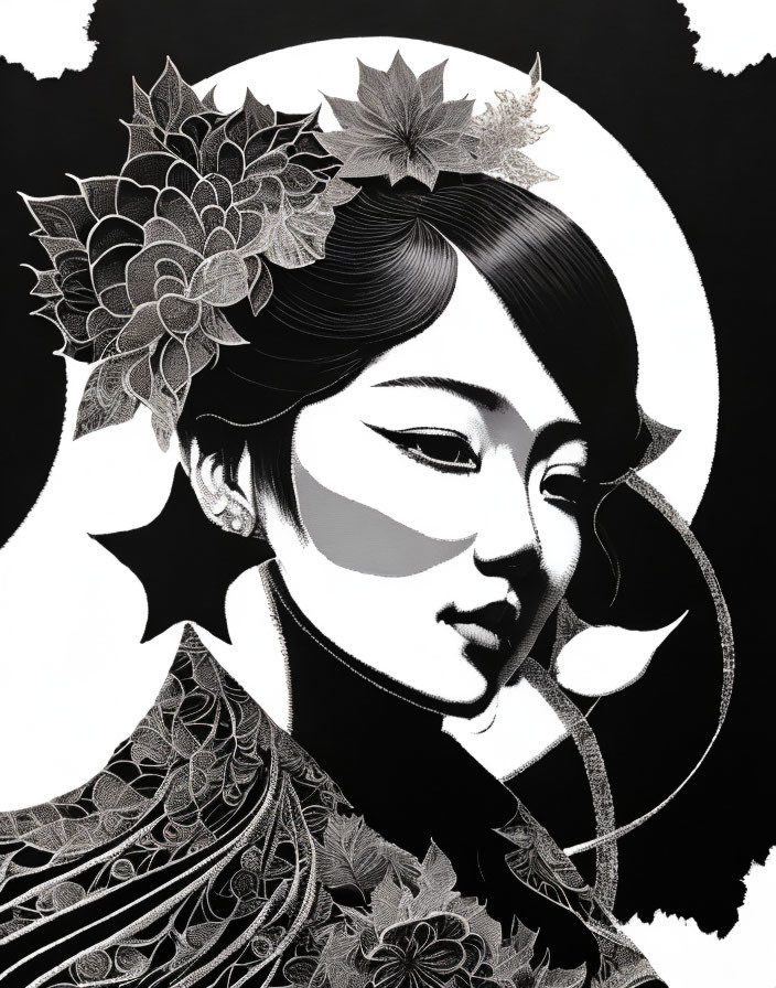 Monochromatic woman with floral patterns and crescent moon in traditional and contemporary styles