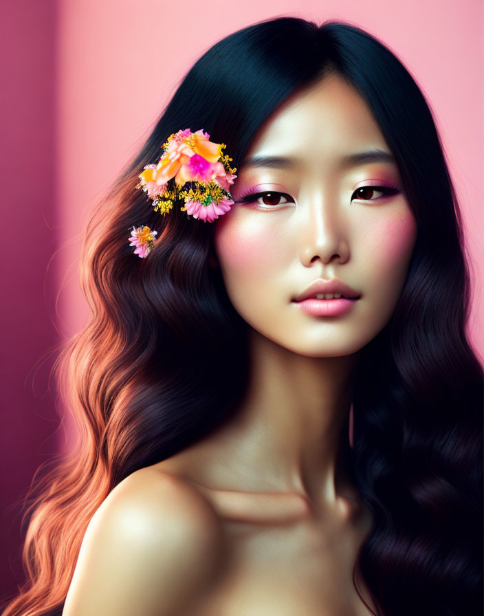 Asian woman digital illustration with dark hair and flowers on pink backdrop