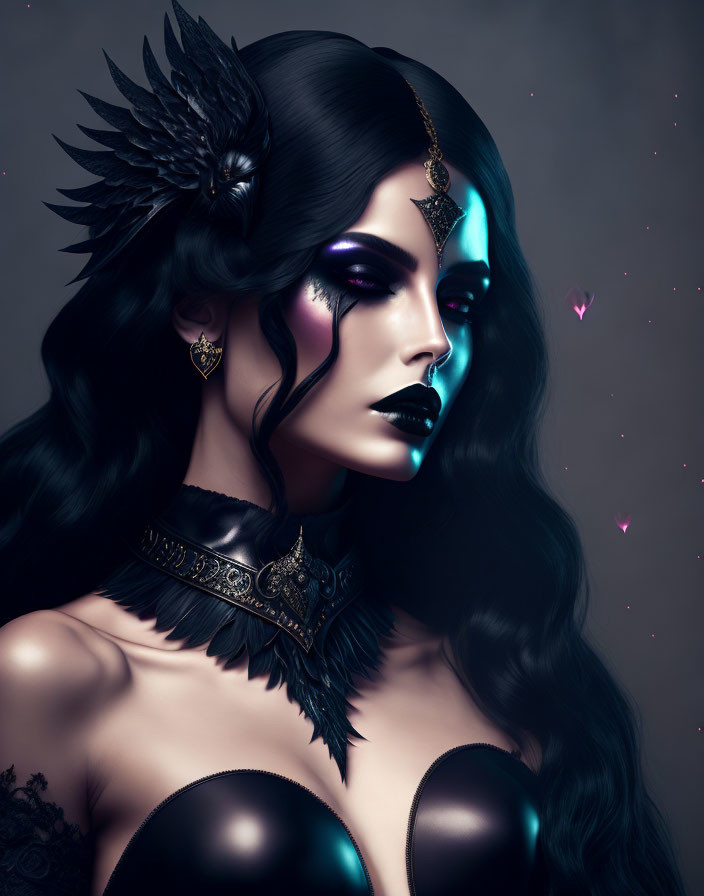 Stylized portrait of woman with dark hair, blue skin, feathered headpiece, and go