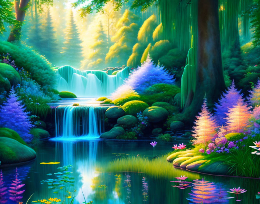 Fantasy landscape with waterfalls, greenery, purple flora, and tranquil pond