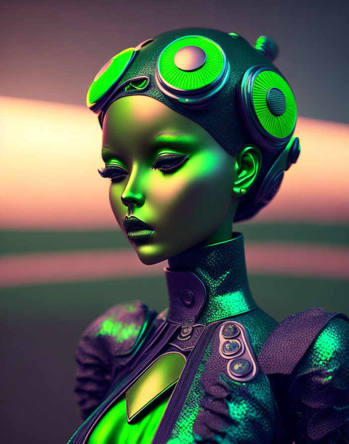 Green-skinned female android with cybernetic enhancements in futuristic setting