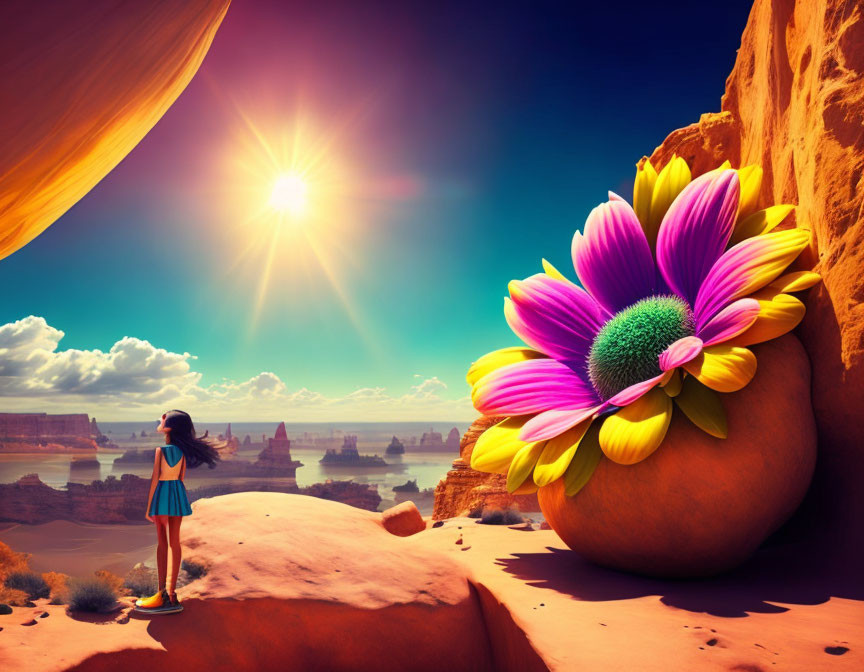 Person standing on red rock near vibrant multicolored flower in canyon.