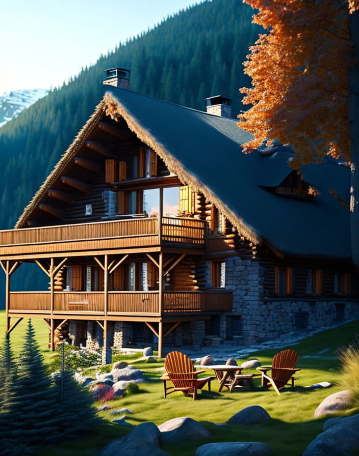 Rustic log cabin balcony with Adirondack chairs in autumn forest