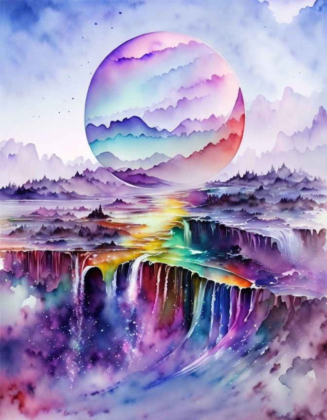 Colorful Watercolor Painting of Fantastical Landscape with Multicolored Moon, Terraced Mountains,