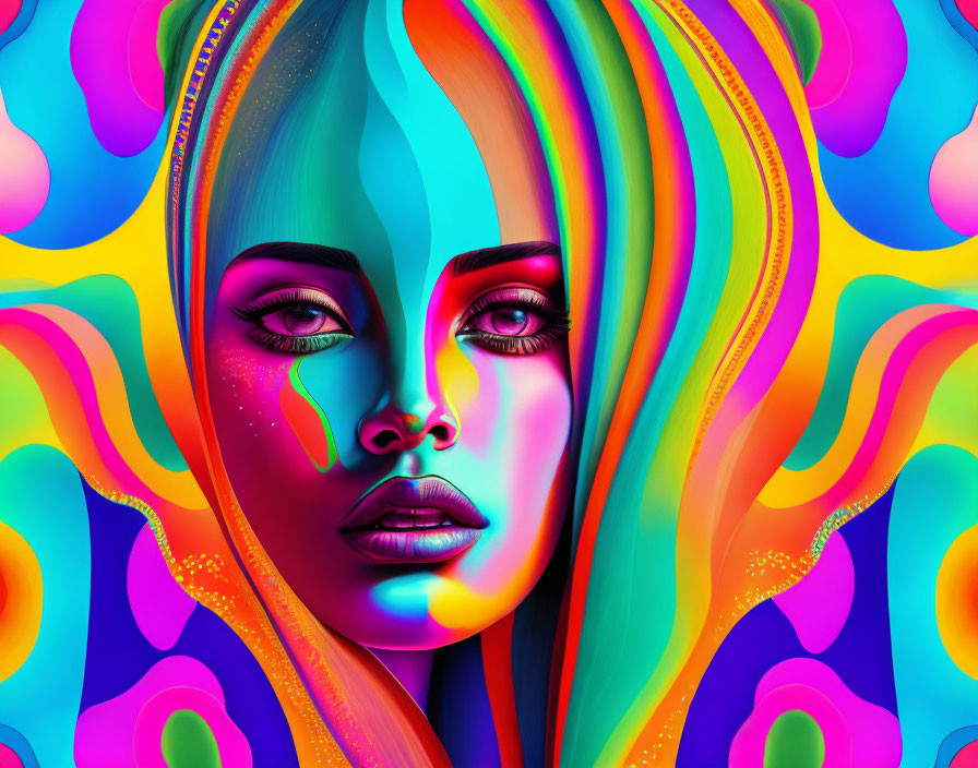 Colorful portrait of a woman with flowing multicolored hair and psychedelic patterns