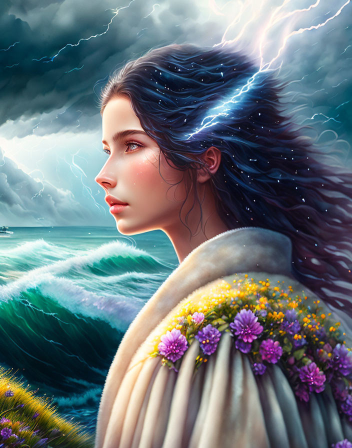 Woman with starry hair against stormy seas & dramatic sky.