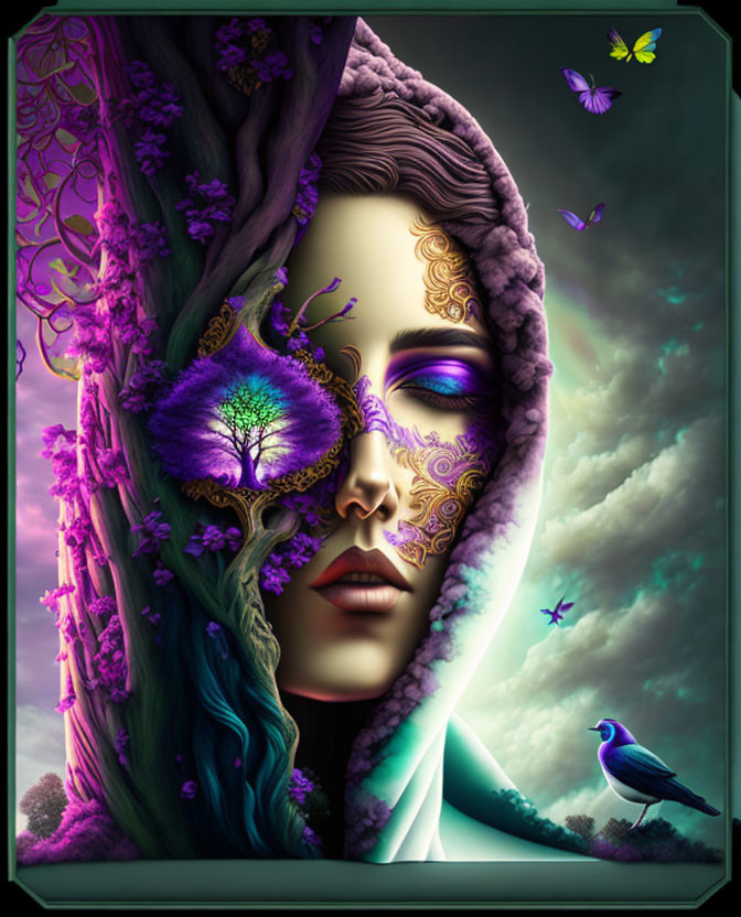 Surreal digital artwork: woman's face merges with tree, purple leaves, intricate patterns, birds