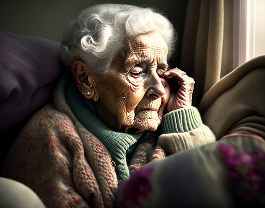 Elderly woman with white hair gazes out window thoughtfully