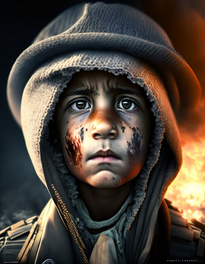 Child in hooded jacket with teary eyes against fiery backdrop