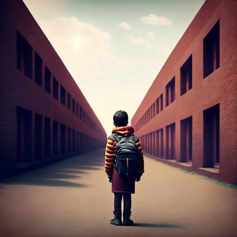 Symmetrical outdoor hallway with child and brick buildings.