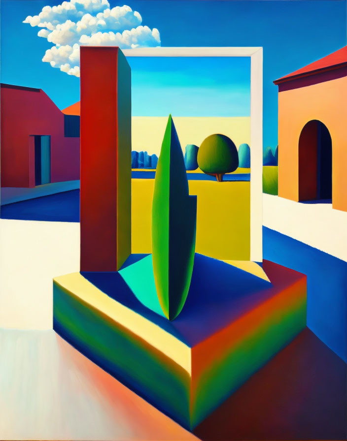 Vibrant geometric painting of surreal architecture and landscapes under blue sky