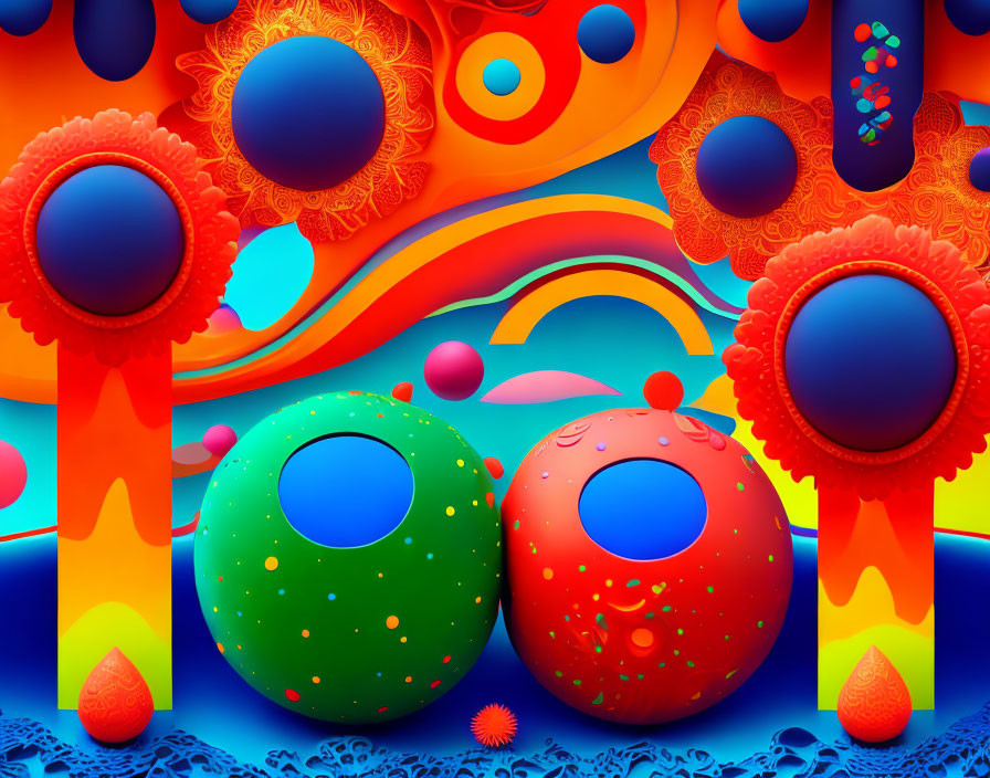 Colorful spheres and intricate patterns in surreal digital art.