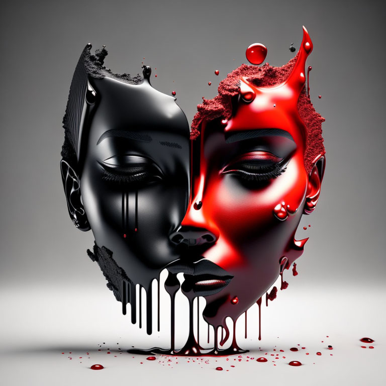 Stylized face with black and red halves merging on grey background