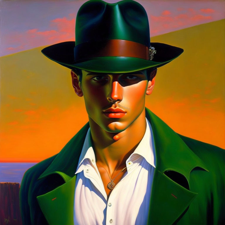 Stylized man in green hat and jacket on orange-yellow background