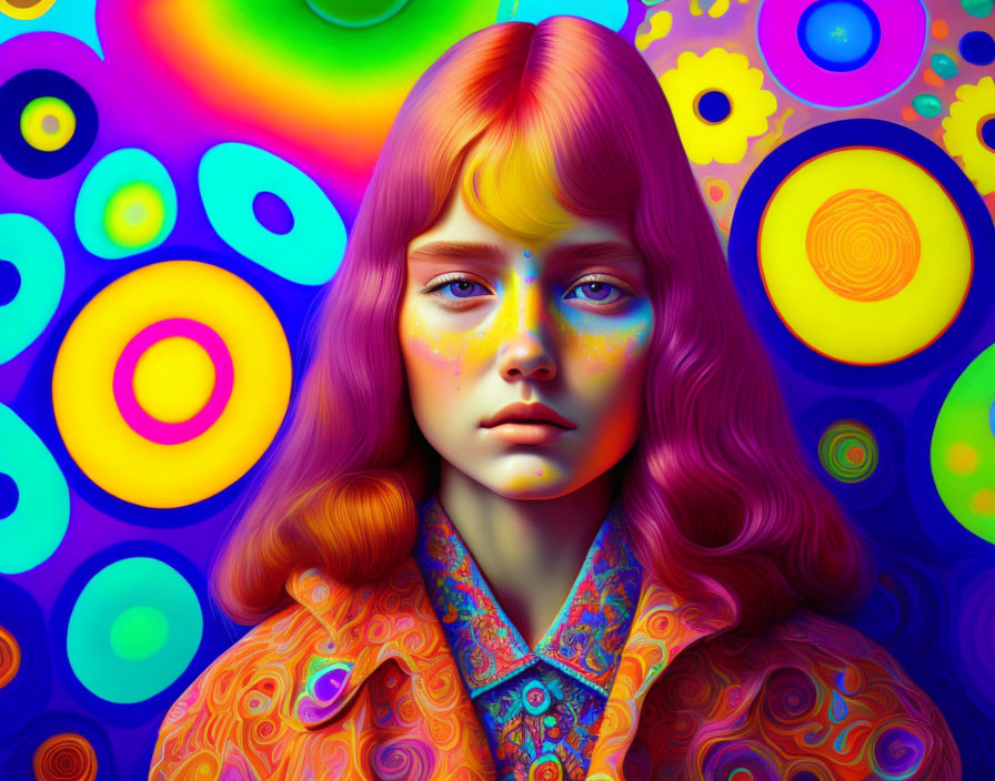 Colorful digital artwork: Young girl with flowing hair in vibrant, psychedelic design