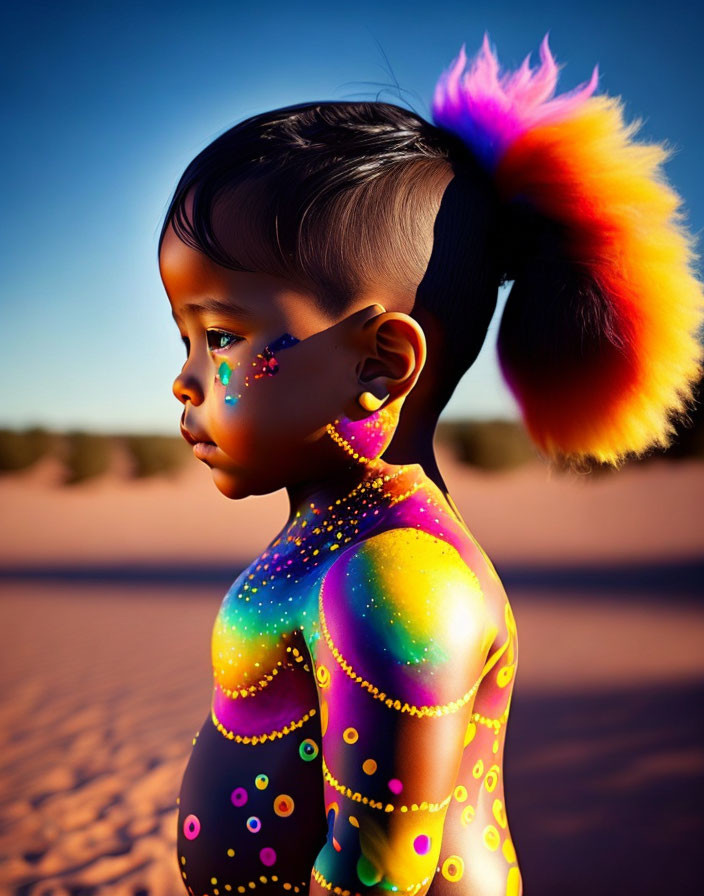 Colorful galaxy-themed body paint on child against desert sunset