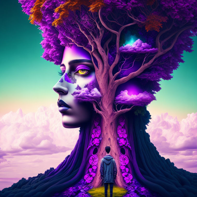 Surreal artwork: person by giant tree with woman's face, purple foliage, vibrant sky