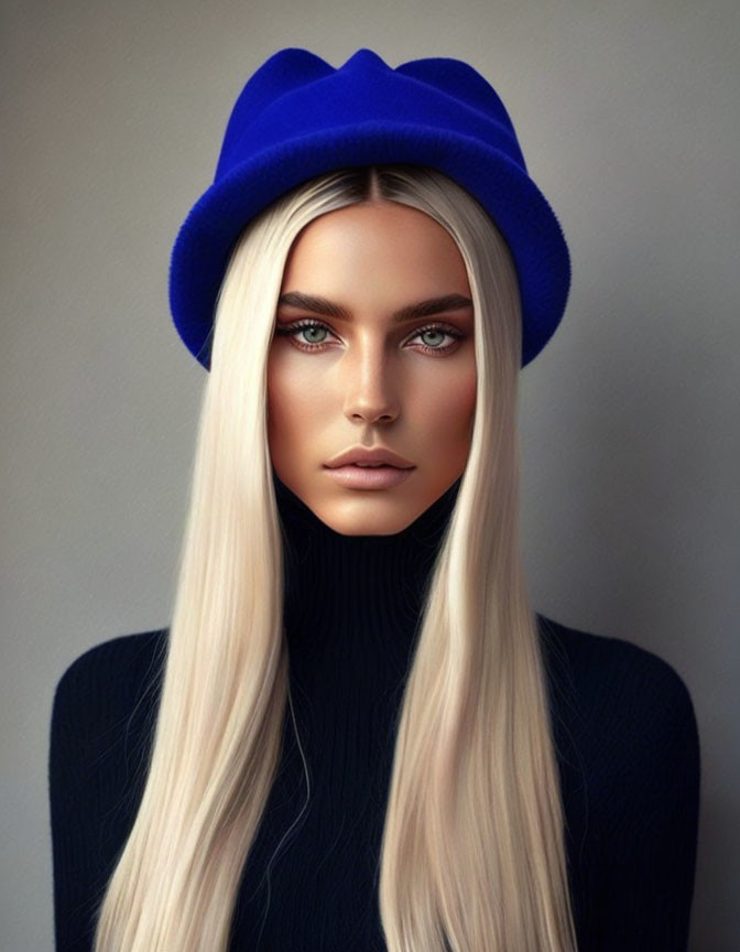 Blond person with brown eyes in black turtleneck and blue hat