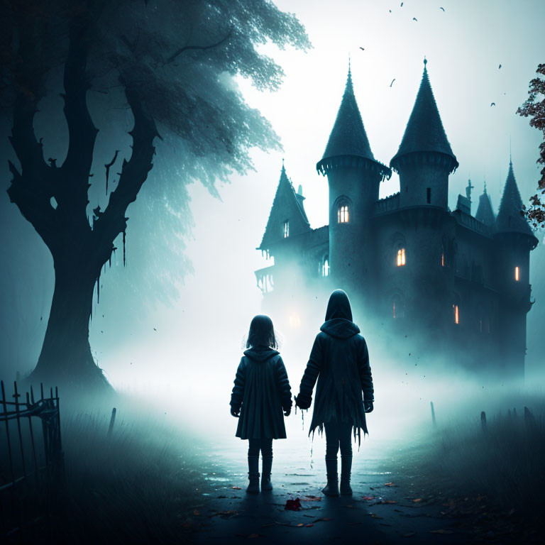 Children approaching misty gothic castle at dusk with eerie trees.