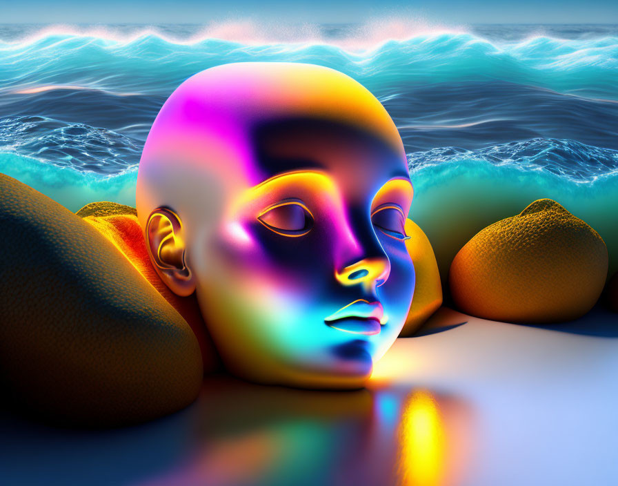 Surreal colorful head on beach with neon hues and waves