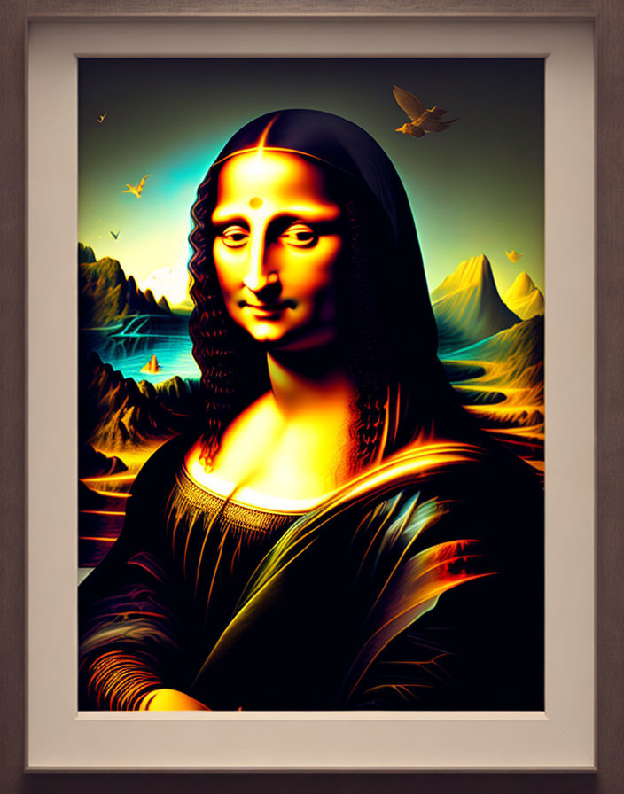 Digitally Altered Mona Lisa with Surreal Landscape and Butterflies