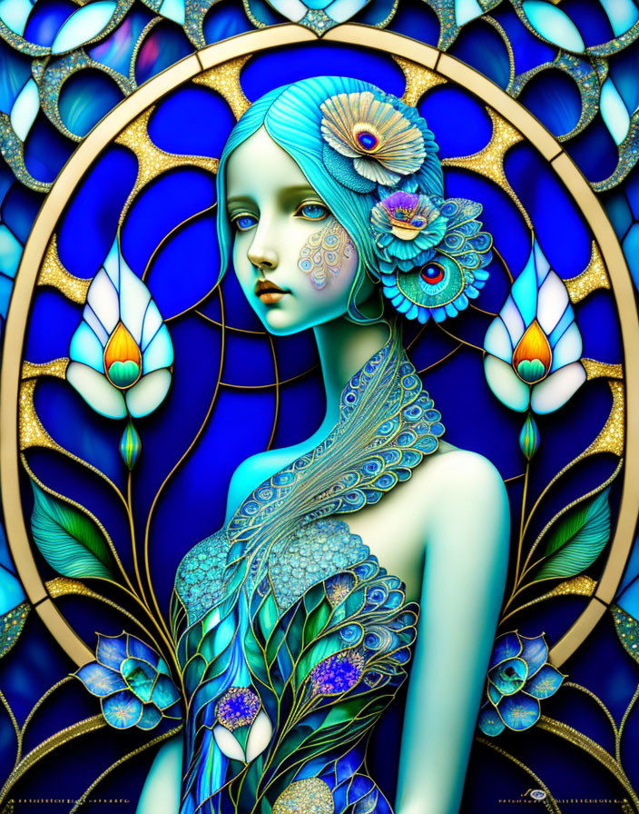 Stylized portrait of woman with floral and peacock feather motif