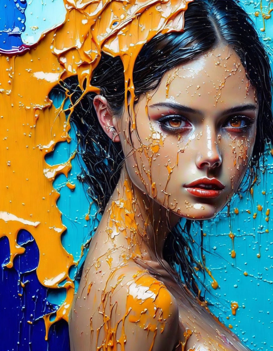 Striking makeup woman against blue background with orange paint drips