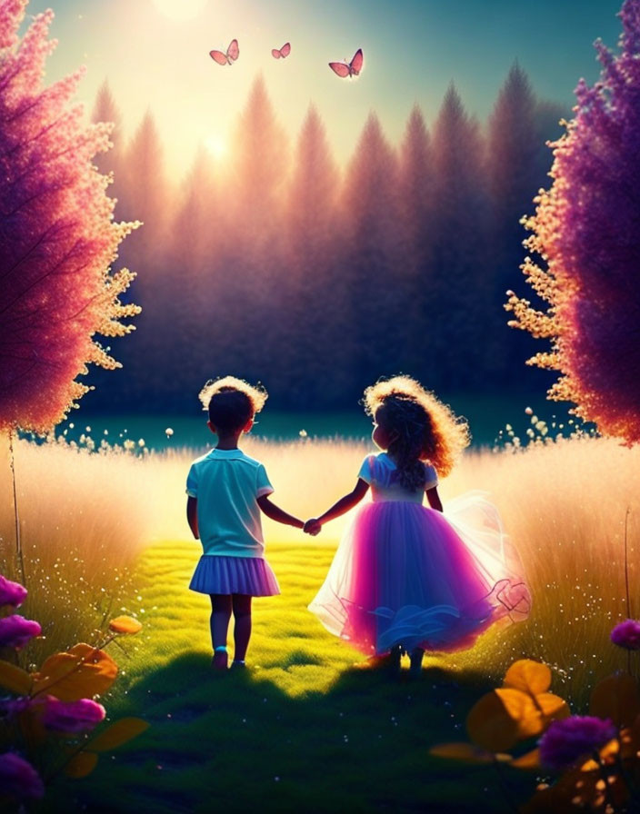 Children holding hands on grassy path by lake with pink trees and butterflies in dreamy sunset scene