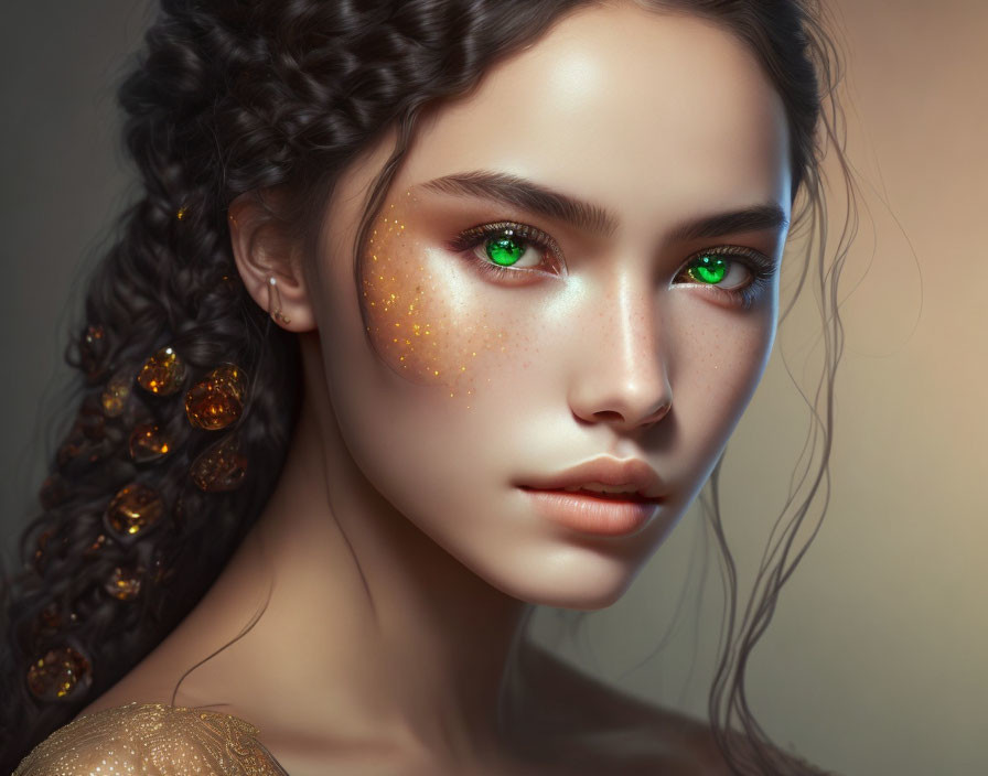 Portrait of a woman with green eyes, freckles, glitter makeup, and intricate braided hair