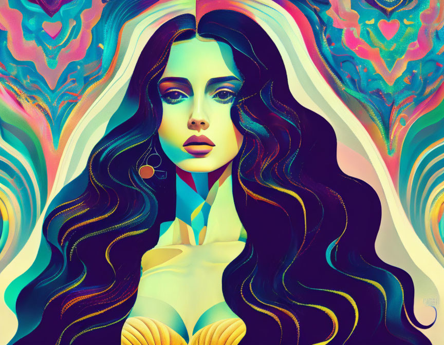 Colorful digital artwork: Woman with flowing black hair in psychedelic setting